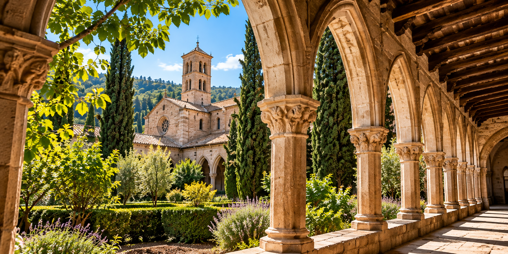 Ilustración de un claustro medieval entre jardines