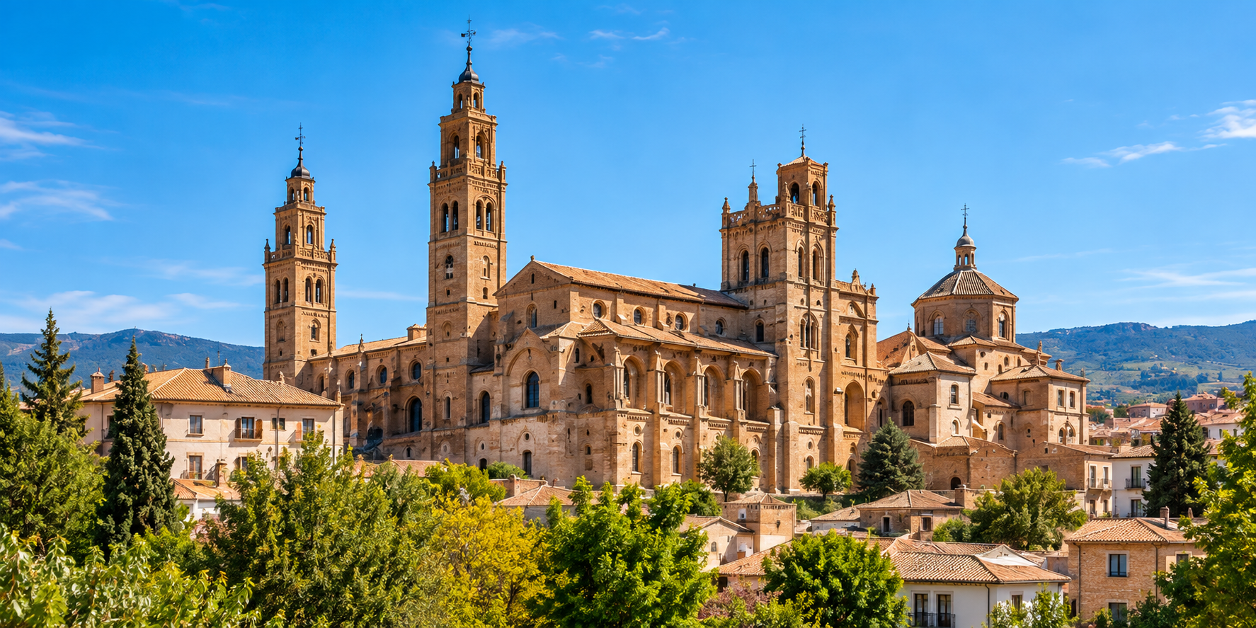 Ilustración de una catedral histórica entre tejados