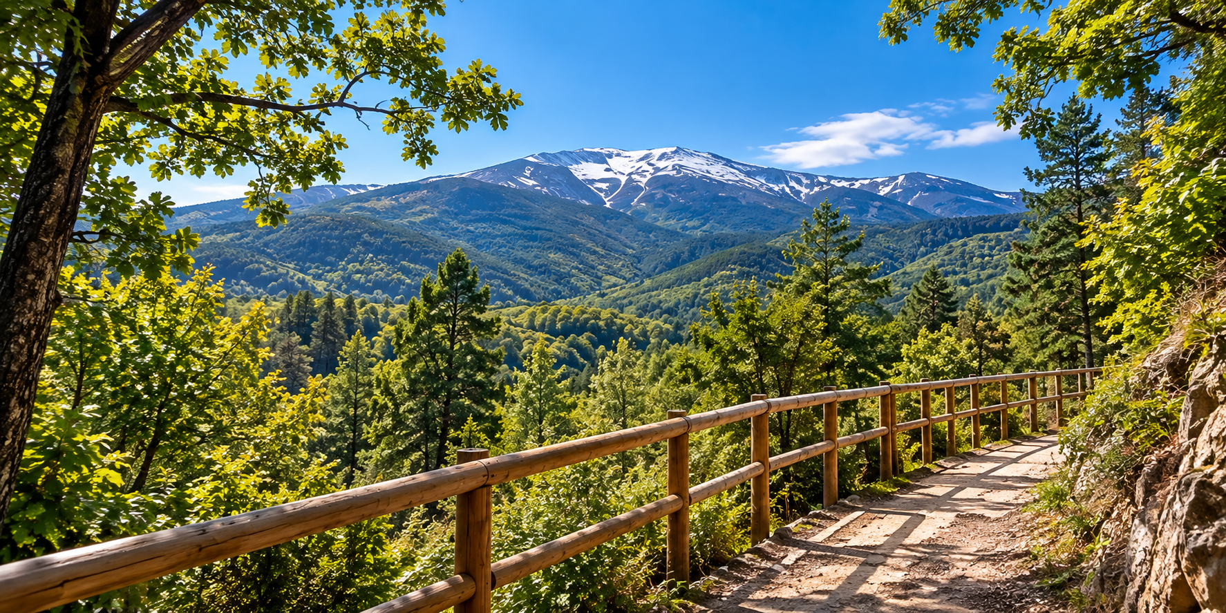 Ilustración de un sendero boscoso con montañas al fondo